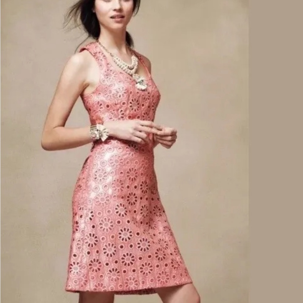 NWT Maeve Anthropologie Pink/Orange Floral Silver Embroidery Eyelet Dress- sz 6